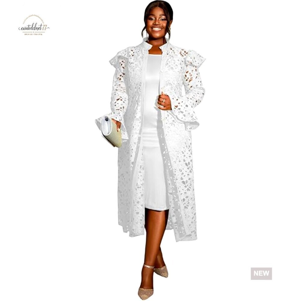 Two Piece Midi Dress Set with Lace Cardigan, Cocktail Party Outfit, Size 2X